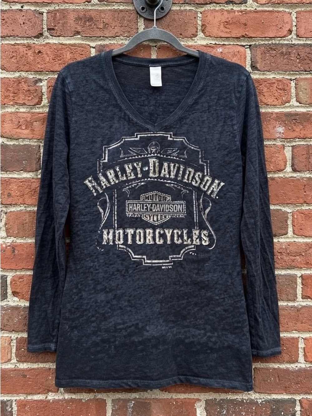 Harley Davidson Distressed Wash Long Sleeve V-Neck T-Shirt - Dark Grey